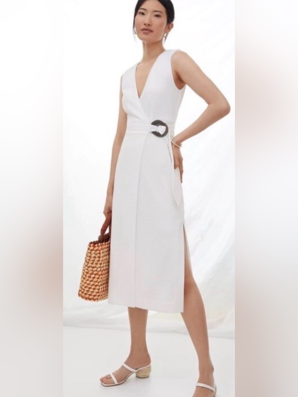 Hutch Anthropologie White Textured V-Neck Wrap Dress with Buckle Detail